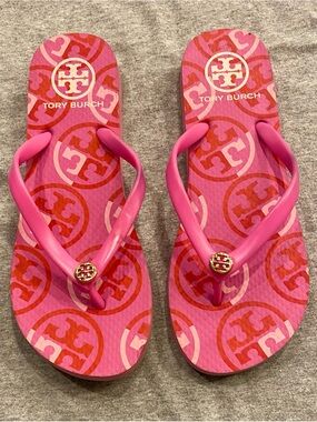 Tory Burch Pink Logo Flip Sandals with Gold Medallion